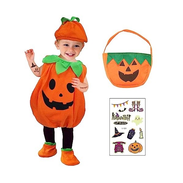 Costume de Citrouille Halloween pour Enfant Déguisement Cosplay Cape Citrouille Chapeau de Citrouille Sac à Bonbons Enfant Ad