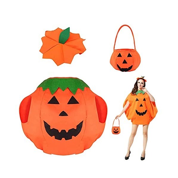 Costume de Citrouille Halloween pour Enfant Déguisement Cosplay Cape Citrouille Chapeau de Citrouille Sac à Bonbons Enfant Ad