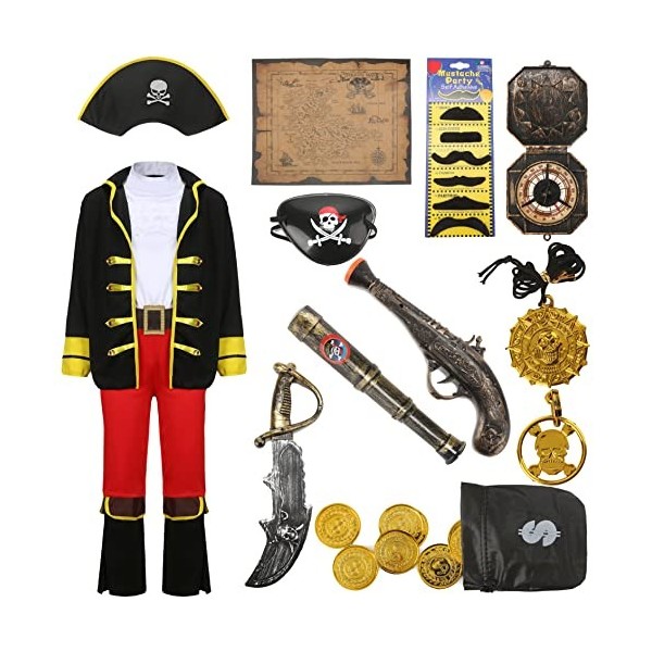 Costume de pirate pour enfant garçon avec accessoires de pirate Chapeau de pirate Cacheœil Carte au trésor Moustache Boussole