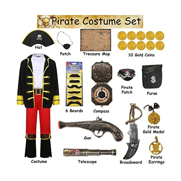 Costume de pirate pour enfant garçon avec accessoires de pirate Chapeau de pirate Cacheœil Carte au trésor Moustache Boussole