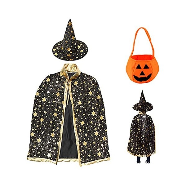 POBEC Costume dHalloween Cape de sorcière avec chapeau et sac à bonbons de citrouille, costume de cosplay, petite sorcière, 