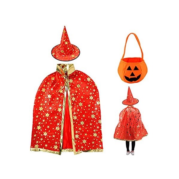 POBEC Costume dHalloween Cape de sorcière avec chapeau et sac à bonbons de citrouille, costume de cosplay, petite sorcière, 