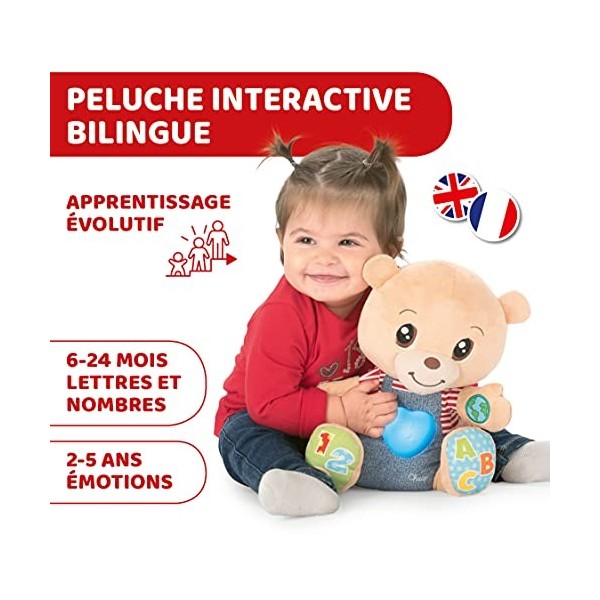 Chicco Teddy lOurson des Emotions Ours, Peluche Interactive, Bilingue Français/Anglais, Peluche Éducative, Jouet pour Bébés 