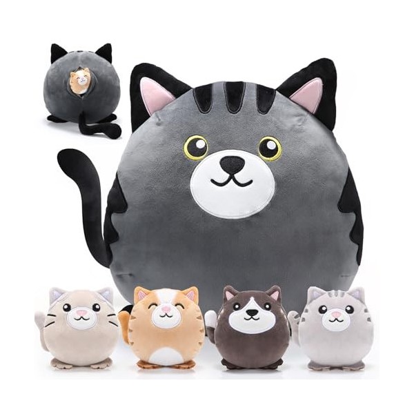 Namalu 5 Animaux en Peluche de Chat avec Chaton en Vrac, Grand Oreiller en Peluche de Chat Noir et Gris de 30 cm de Large ave