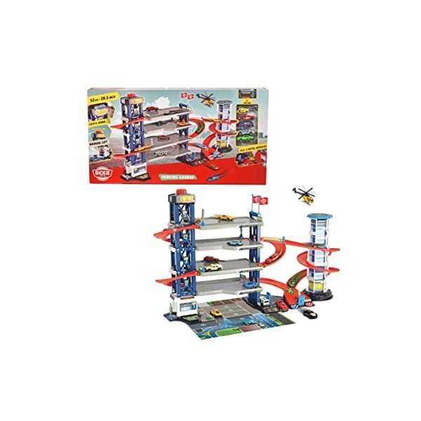 Dickie Toys Parking Garage Kit de Jeu 4 étages Ascenseur, 4 véhicules Die-cast, 1 hélicoptère, lumière et Son, Taille Unique,