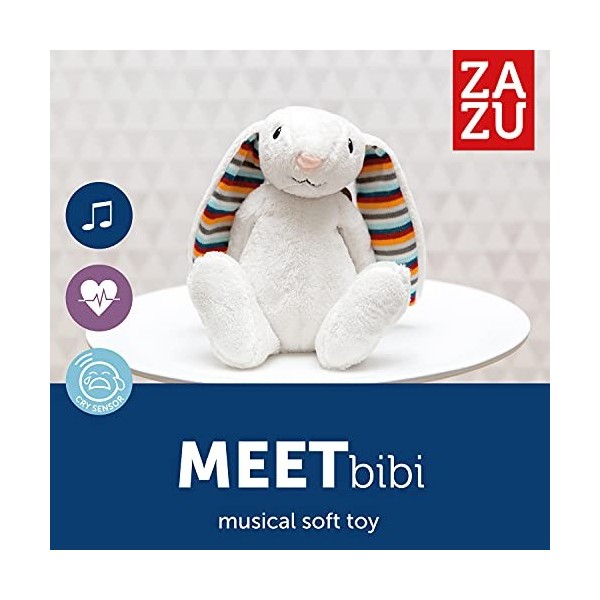 Zazu musical en peluche avec son rythme cardiaque, Bibi le lapin, gris