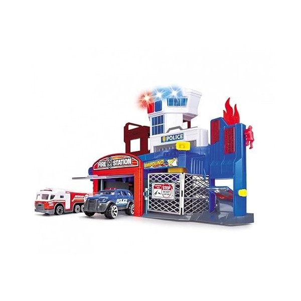 Dickie Toys Garage de Pompiers et de Police avec 2 Voitures Jouets avec Ascenseur, lumière Bleue, sirène, Fonction Pompier, p