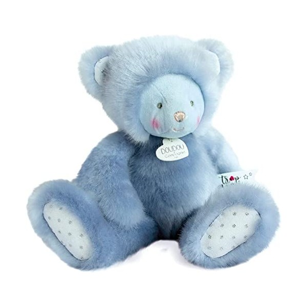 Doudou et Compagnie - Peluche Ourson Avec Doudou Mouchoir - 30 cm - Bleu - Trop Mimi - DC3554