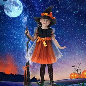Walaka&nbsp;Festival DéGuisement Enfant Fille Costume Déguisement de Sorcière Fille - Robe de Déguisement Halloween avec Chapeau e