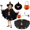 Deguisement Halloween Fille,Cape Chauve Souris Enfant,Cape de Sorcier Enfant avec Chapeau,Baguette Magique et Sac Citrouille,