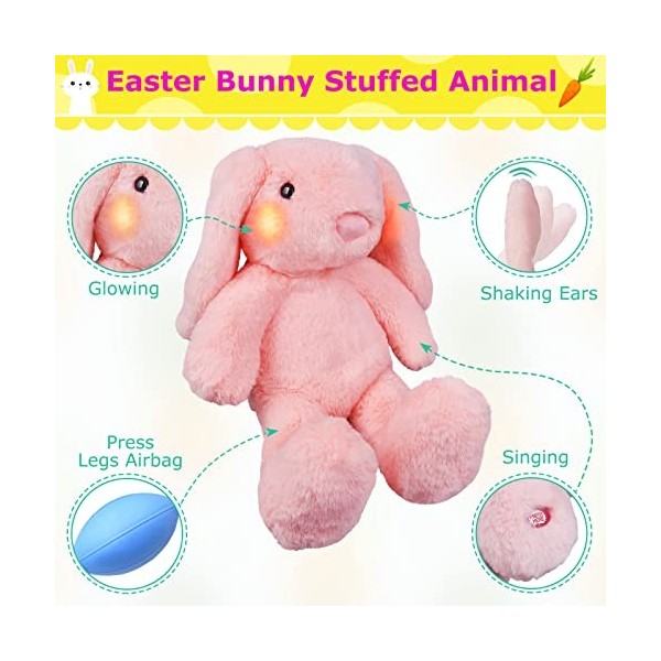 Marsjoy Jouet lapin de Pâques rose en peluche pour filles, garçons et bébés - Super doux avec longues oreilles - Chantant - L