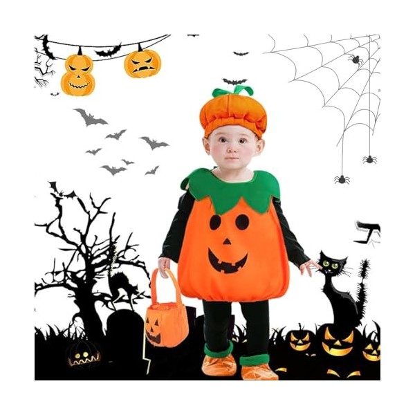 WELLXUNK Costume de Citrouille pour Enfants pour Halloween, Orange Citrouille Costum avec Chapeau et Sac Bonbons Citrouille, 