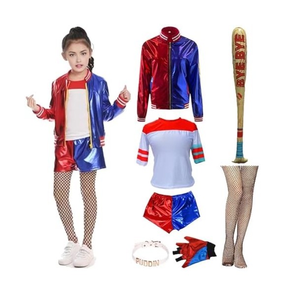 QCCOSER Costume de cosplay dHalloween pour enfants et adultes, rouge et bleu, avec gants, veste, t-shirt, short pour Hallowe