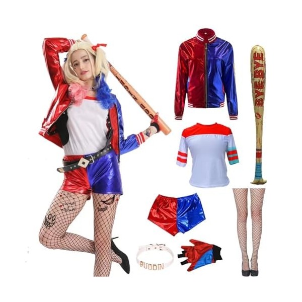 QCCOSER Costume de cosplay dHalloween pour enfants et adultes, rouge et bleu, avec gants, veste, t-shirt, short pour Hallowe