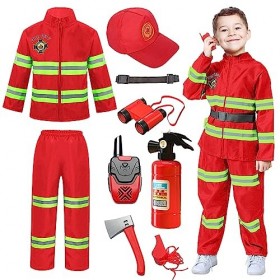 Cnexmin Deguisement pompier Costume de Pompier pour Enfants avec Pompier Jouet pour Halloween Carnaval Enfant Jeu de rôle Cad