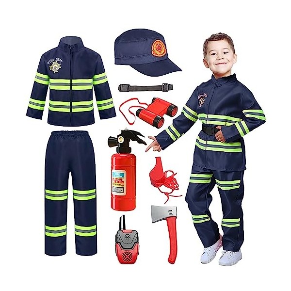 Cnexmin Deguisement pompier Costume de Pompier pour Enfants avec Pompier Jouet pour Halloween Carnaval Enfant Jeu de rôle Cad