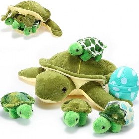 6 Pièces Set de Tortue en Peluche 12 Pouces Maman Tortue de Mer en Peluche avec 3 Petites Tortues et 2 Oeufs de Tortue en Pel