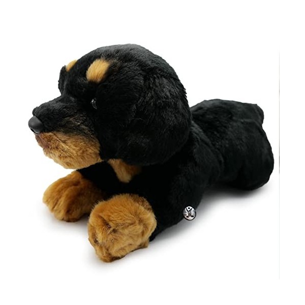 Rottweiler Doudou chien couché, noir et rouge, en peluche Tessa