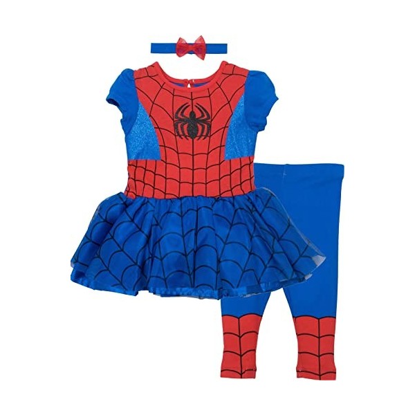 Marvel Spiderman and Captain America Girls Costume Dress, Leggings and Headband Set 5T, Spiderman 