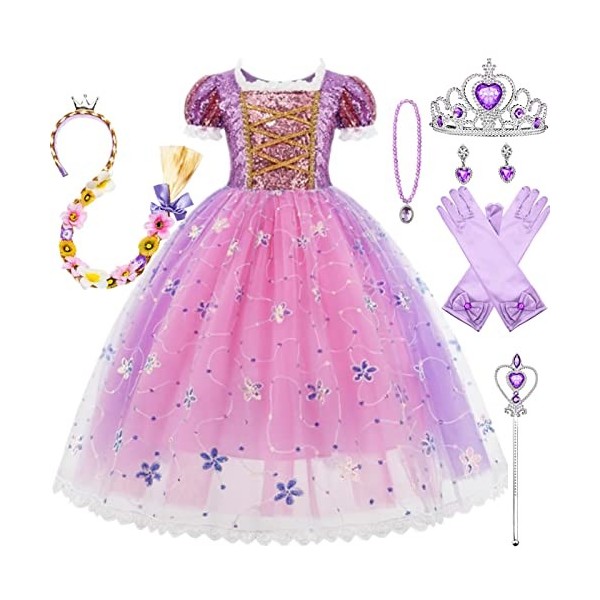 Kosplay Fille Robe de Princesse Raiponce avec Accessoires Déguisement de Princesse Robe Tulle Maxi Anniversaire Fête Hallowee
