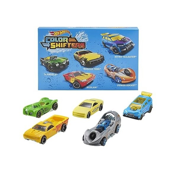 Hot Wheels 5 véhicules Color Shifters, Lot de Petites Voitures Miniatures changeant de Couleur dans leau + City Mega Garage,