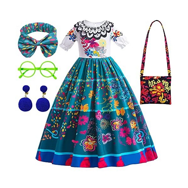 Déguisement Encanto Fille Robe , Robe Princesse Mirabel Bagas, Verres, Bandeau et Boucles doreilles pour Enfants Anniversair