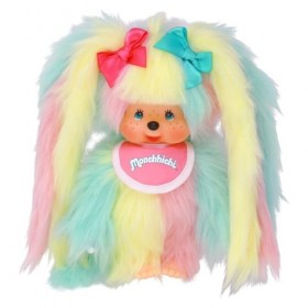 Sekiguchi 234240 Monchhichi Peluche Originale avec Bavoir, 6 Tresses aux Couleurs Vives et nœuds dans Les Cheveux, env. Doudo