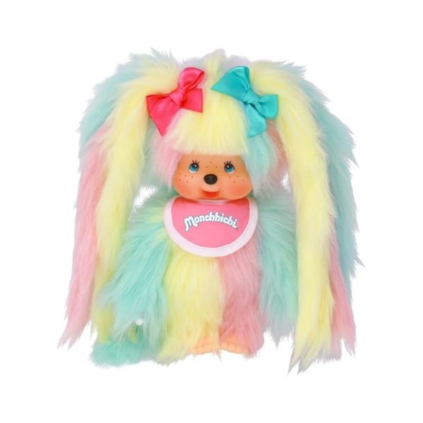 Sekiguchi 234240 Monchhichi Peluche Originale avec Bavoir, 6 Tresses aux Couleurs Vives et nœuds dans Les Cheveux, env. Doudo