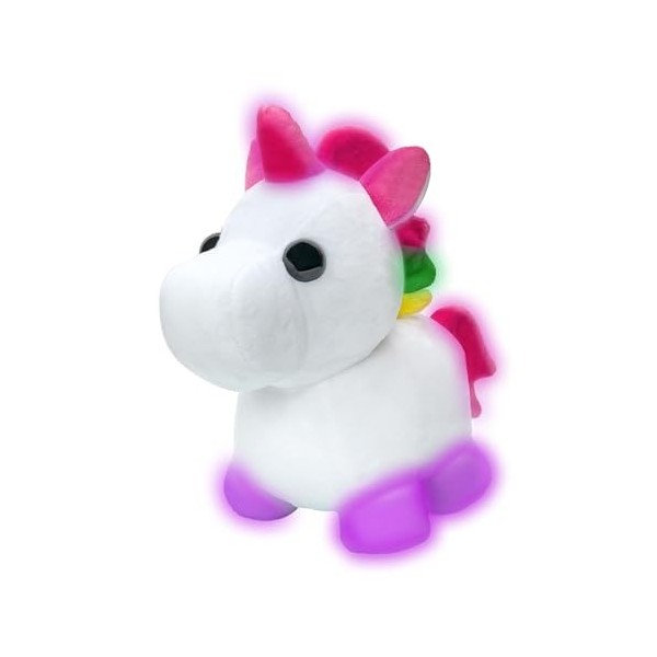 Adopt Me! Peluche Lumineuse Neon Licorne - Douce et câline - Trois Modes d’éclairage - Directement inspirée du Jeu n° 1, Joue