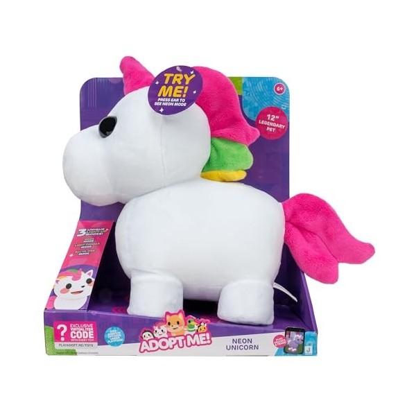 Adopt Me! Peluche Lumineuse Neon Licorne - Douce et câline - Trois Modes d’éclairage - Directement inspirée du Jeu n° 1, Joue