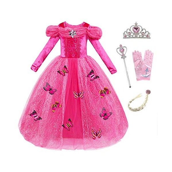 Monissy Princesse Elsa Robe Costume Reine des Neiges Rose Dentelle Manche Longue Tulle Brillant Papillon Diadème Perruque Gan