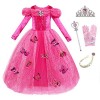 Monissy Princesse Elsa Robe Costume Reine des Neiges Rose Dentelle Manche Longue Tulle Brillant Papillon Diadème Perruque Gan