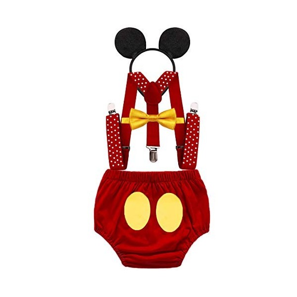 MYRISAM Déguisement de Mickey pour 1er Anniversaire Bébé Cake Smash Photo Prop pour Fête Prénatale Bloomers Noeud Papillon Br