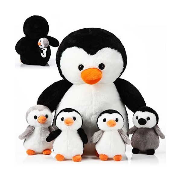 Harrycle 5 Pcs Set de Jouet Bébé de Peluche Pingouin 1 Maman Pingouin avec 4 Bébés Pingouins dans Son Ventre 35 cm Animal en 