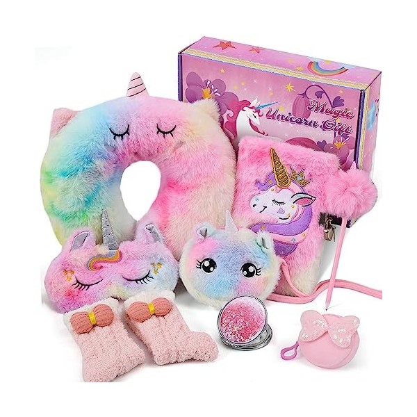 Tacobear Peluche Licorne Cadeau Fille 6 7 8 9 10 Ans Licorne Jouet Coussin de Voyage/Masque Sommeil/Journal/Chaussettes/Miroi