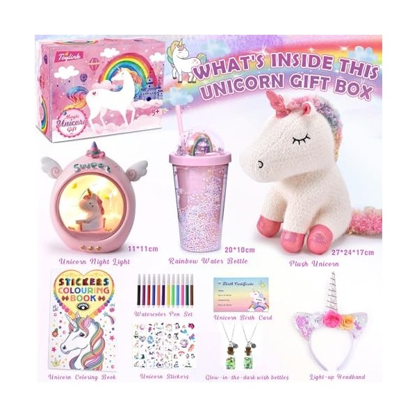 Tacobear Licorne Cadeau Fille 5 6 7 8 Ans, Peluche Licorne & Veilleuse & Tasse deau & Collier & Serre-tête & Livre de colori