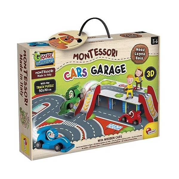 Lisciani - Montessori - Garage pour Voitures - Jeu dImagination et dAction - Voitures en Bois - Garage et Toboggan 3D - Pis