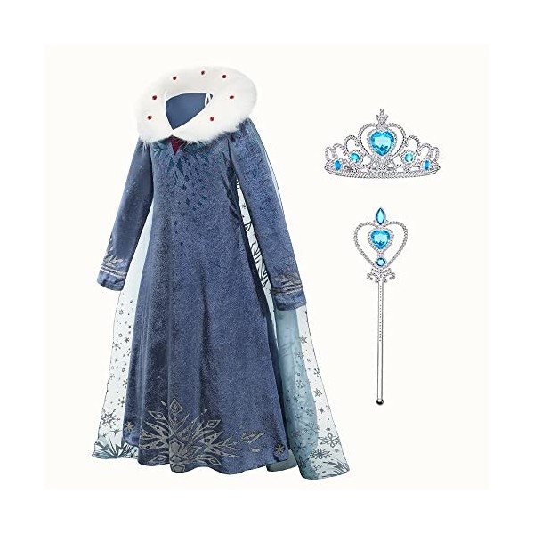 Gridamea Robe Elsa Reine Des Neiges 2 pour les filles Deguisement Elsa Costume de reine pour enfants avec couronne et baguett