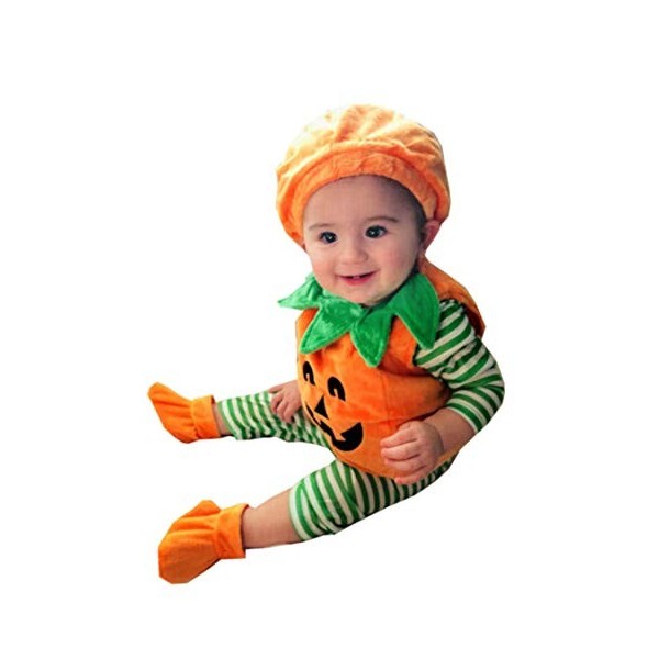 Carolilly 3 Pièces Ensemble Déguisement Halloween Nouveau-Né Bébé Fille Garçon Citrouille Costume Barboteuse Robe Chaussures 