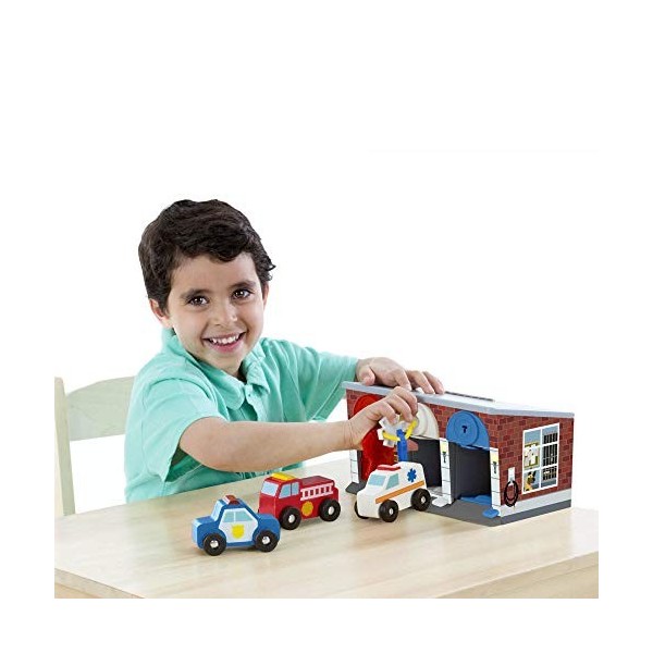 Melissa & Doug Wooden Keys & Cars Rescue Garage , Wooden Toys for 3 Year Old Boy Gifts , Toy Car Set & Emergency Services Sta