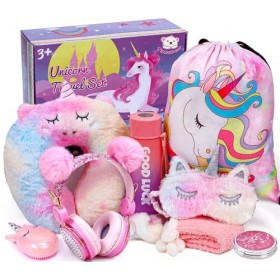 Licorne Cadeau Fille 6 7 8 9 10 11 Ans Casque Filaire Peluche Coussin De Voyage Masque Sommeil Miroir de Poche Bouteille dea