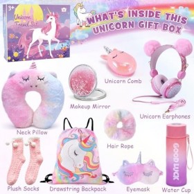 Licorne Cadeau Fille 6 7 8 9 10 11 Ans Casque Filaire Peluche Coussin De Voyage Masque Sommeil Miroir de Poche Bouteille dea