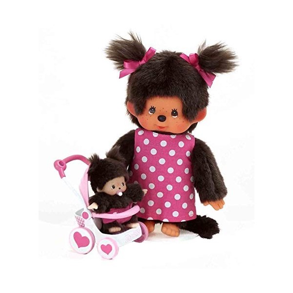 Sekiguchi 254930 Poupée Originale Monchhichi, Maman et Enfant dans la Poussette, en Peluche Marron, avec Robe et Tresses avec