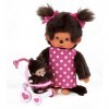 Sekiguchi 254930 Poupée Originale Monchhichi, Maman et Enfant dans la Poussette, en Peluche Marron, avec Robe et Tresses avec