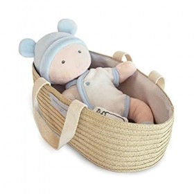Doudou et Compagnie - Poupon Chiffon Avec Couffin - Poupon Tissu Avec Body Amovible - 28 cm - Blanc/Ciel - Mon Premier Poupon