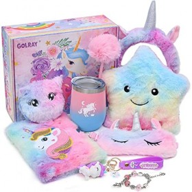 Latocos Peluche Licorne Cadeau Fille 3 4 5 6 7 8 Ans Lumineux LED Coussin Carnet avec Serrures et Clés Masque Bandeau Bouteil
