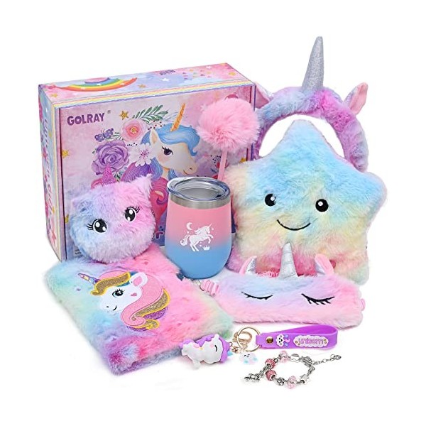 Latocos Peluche Licorne Cadeau Fille 3 4 5 6 7 8 Ans Lumineux LED Coussin Carnet avec Serrures et Clés Masque Bandeau Bouteil