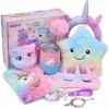 Latocos Peluche Licorne Cadeau Fille 3 4 5 6 7 8 Ans Lumineux LED Coussin Carnet avec Serrures et Clés Masque Bandeau Bouteil