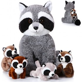 Harrycle 5 Pièces Animaux de Raton Laveur en Peluche 32 cm Maman Raton Laveur Adorable avec 4 Bébés Coons Mignons dans Son Ve