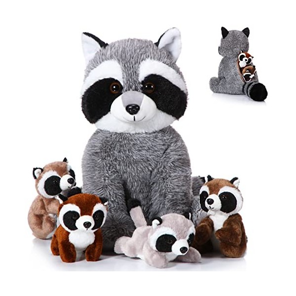 Harrycle 5 Pièces Animaux de Raton Laveur en Peluche 32 cm Maman Raton Laveur Adorable avec 4 Bébés Coons Mignons dans Son Ve